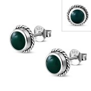 6pairs, Green Agate Round Stud Silver Earrings - e369